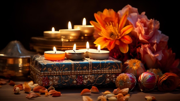 Mooie diwali diyas met cadeau en bloemen Happy