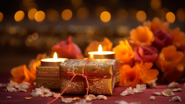 Mooie diwali diyas met cadeau en bloemen Happy