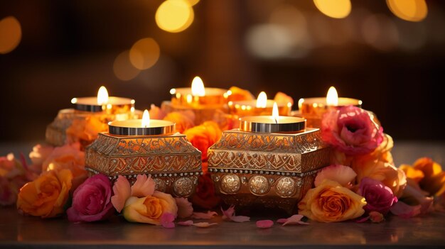 Mooie diwali diyas met cadeau en bloemen Happy