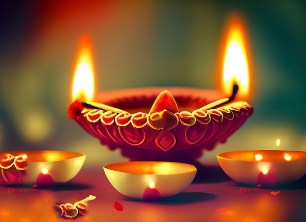 Mooie Diwali-lampen met stijgende vlam op onscherpe achtergrond