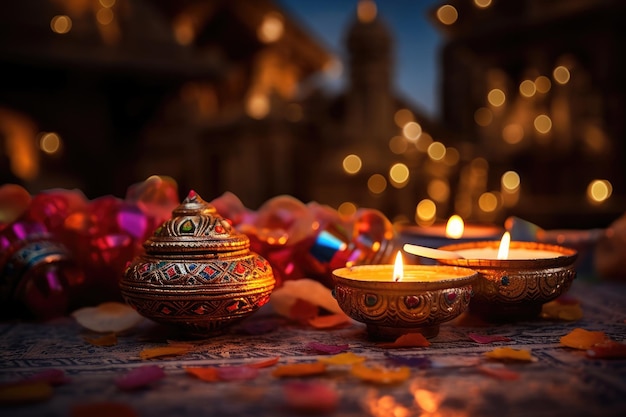 Mooie Diya-achtergrond van het Indiase festival Diwali, een festival van lichten en kleuren met kopieerruimte