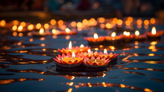 Mooie Diya drijvend op water diwali festival gegenereerd door Ai