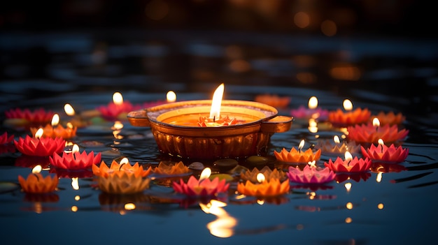 Mooie Diya drijvend op water diwali festival gegenereerd door Ai