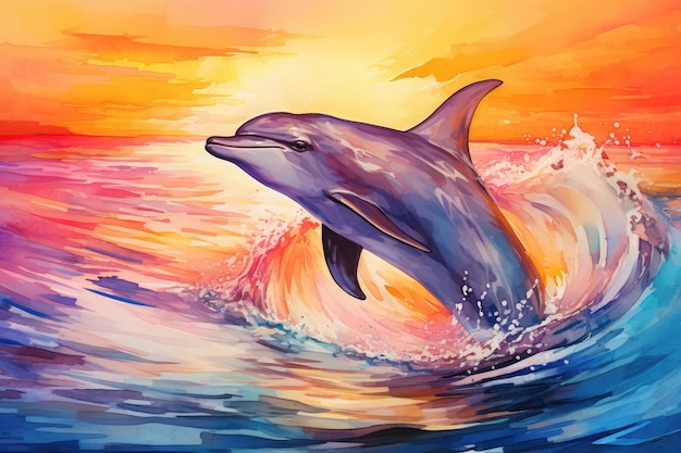Mooie dolfijn zwemmen in de oceaan golven abstracte waterverf schilderij
