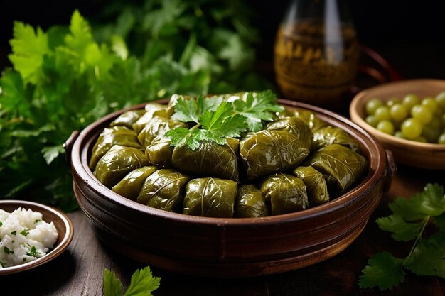 Foto mooie dolma van druivenbladeren voor het diner op tafel.