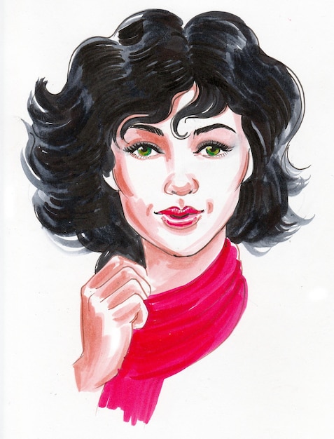 Mooie donkerbruine vrouw in rode sjaal. Inkt en aquarel tekenen