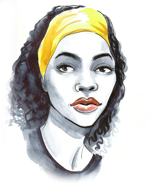 Mooie donkerbruine vrouw. Inkt zwart-wit tekening