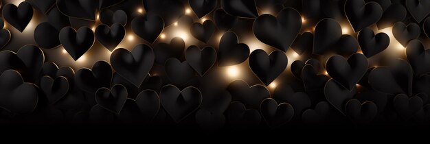Mooie donkere achtergrondbanner met zwarte en gouden harten Valentijnsdag Panoramische webheader