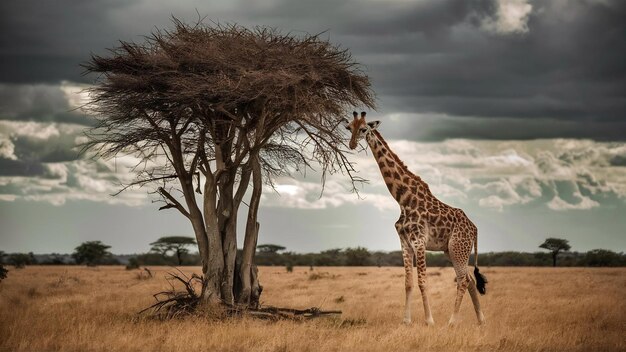 Mooie dramatische opname van een safari landschap met een giraf die onder een gedroogde boom staat