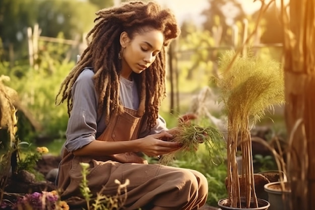 Mooie dreadlock vrouwelijke tuinman bezig met achtertuin tuin in zonlicht AI gegenereerd