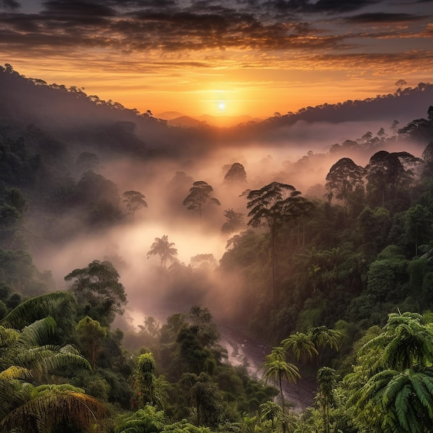 Mooie dromerige zonsopgang boven tropische jungle met mist en mist Generatieve AI