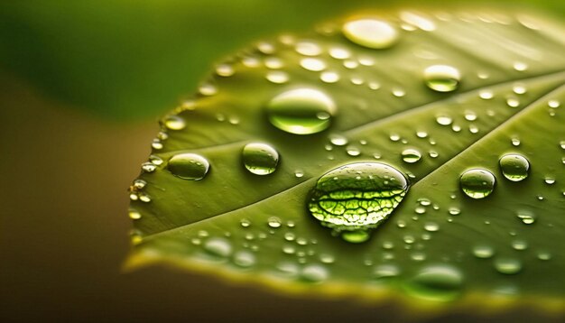 Foto mooie druppels doorzichtig regenwater op een groen blad macro druppels dauw in de ochtend gloed