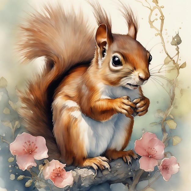 Mooie eekhoorn aquarel schilderij Jean Baptiste Monge stijl helder mooi in het voorjaar