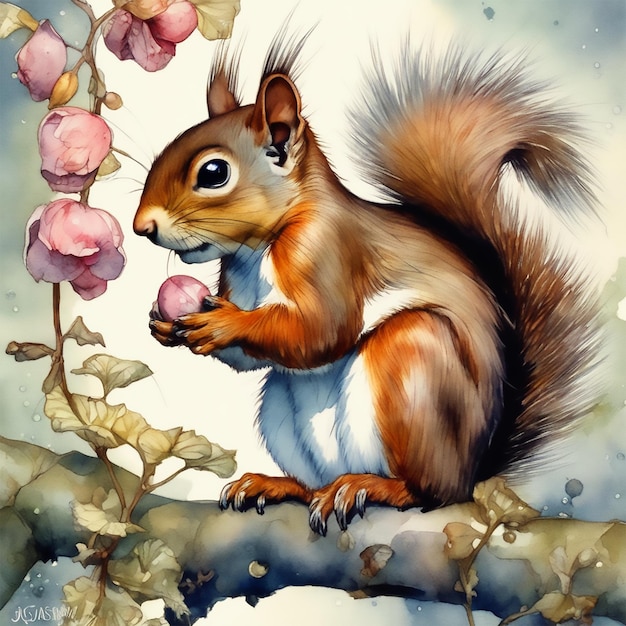 Mooie eekhoorn aquarel schilderij Jean Baptiste Monge stijl helder mooi in het voorjaar