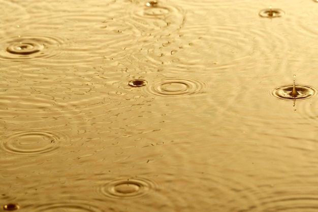 Foto mooie één gouden druppel regendruppel op gouden wateroppervlak