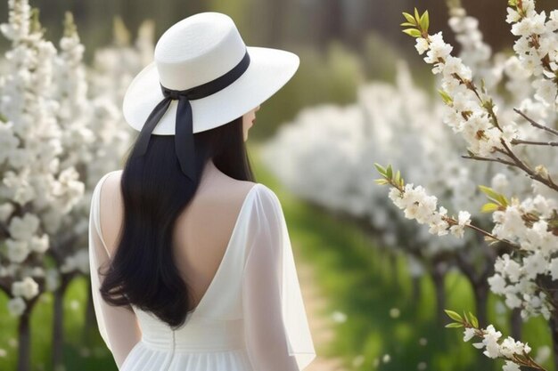 Mooie elegante vrouw in een witte hoed en witte jurk die poseert in een voorjaars bloeiende tuin