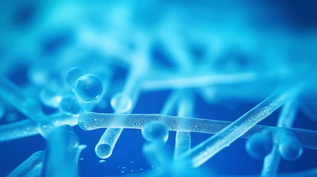 Mooie elektronische microscopie van bacteriën schimmels fantasie microbiologie in blauwe tonen Generatieve AI