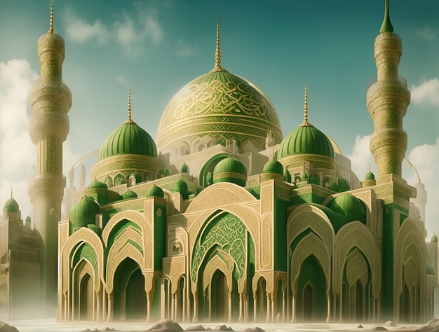 mooie en luxueuze moskeegebouw met dominante kleuren groen en goud AI gegenereerd