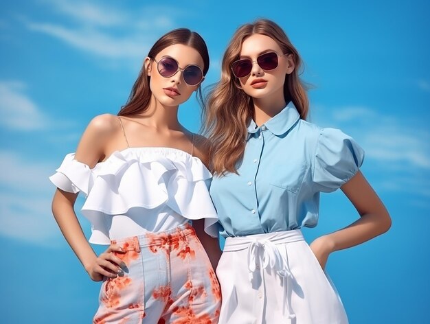 mooie en modieuze modelmeisjes zijn gekleed in trendy zomer ensembles op blauwe achtergrond