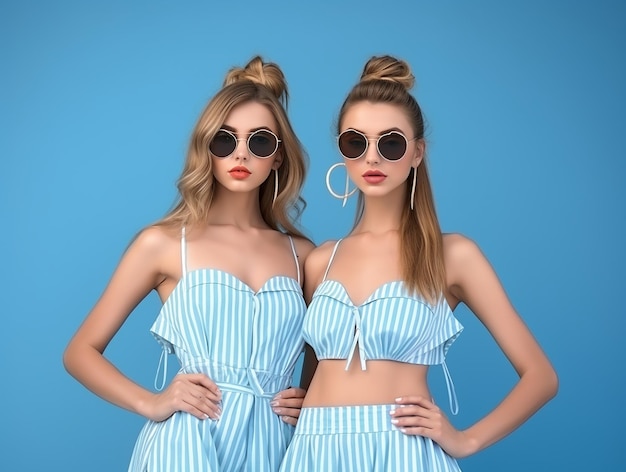 mooie en modieuze modelmeisjes zijn gekleed in trendy zomer ensembles op blauwe achtergrond