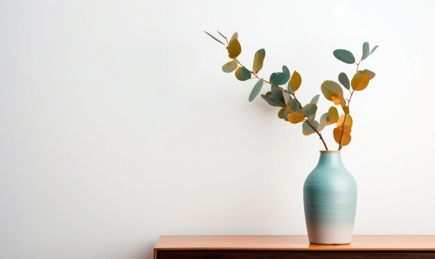 Mooie eucalyptusbloem in keramische vaas op witte achtergrond Minimalistisch interieur met kopieerruimte