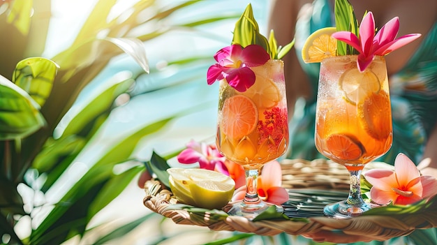 Foto mooie exotische cocktails op het strand selectieve focus