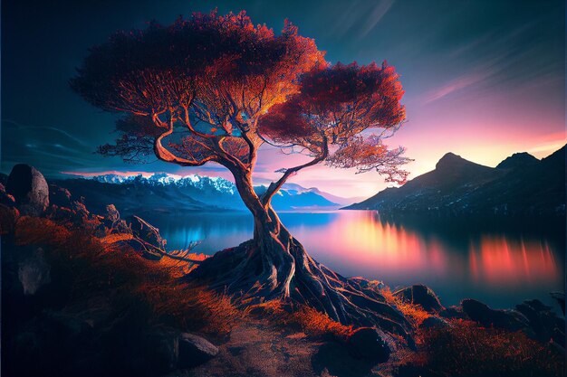 Mooie fantasieparadijsboom met berg- en meergeneratieve AI-illustratie
