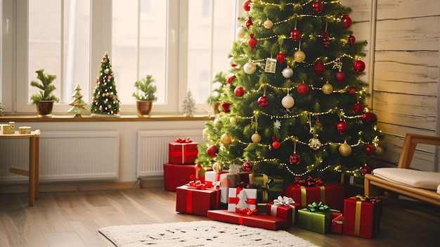 Mooie feestdag ingerichte kamer met kerstboom met geschenken onder Generative Ai