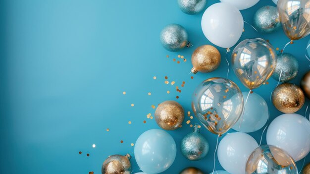 Mooie feestelijke minimalistische blauwe achtergrond met goud en heldere ballonnen aan de zijkanten