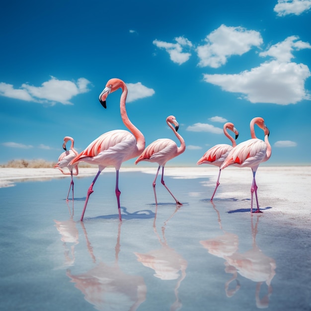 Mooie flamingo's op het zandstrand Generatieve AI