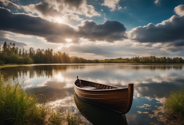 Mooie foto van een klein meer met een houten roeiboot.
