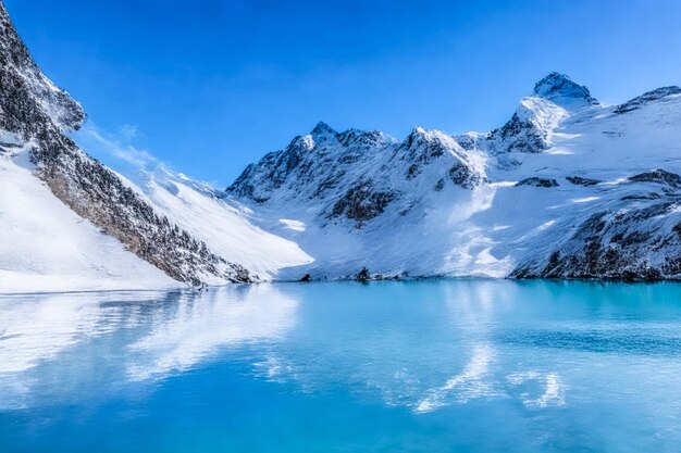 Mooie foto van een kristalhelder meer naast een besneeuwde