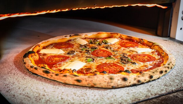 Mooie foto van een pizza bij de oven.