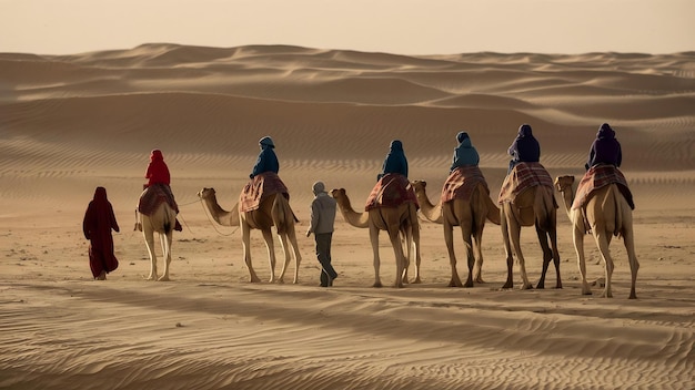 Mooie foto van mensen die met hun kamelen wandelen in de woestijn van Erg Lihoudi in Marokko.