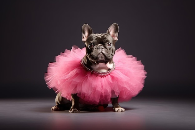 Mooie Franse Bulldog Puppy in roze Tutu extreme close-up Generatieve AI