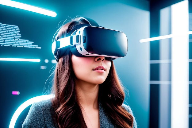 Mooie futuristische vrouw die een virtual reality-bril gebruikt in de Metaverse Girl met VR-apparaat
