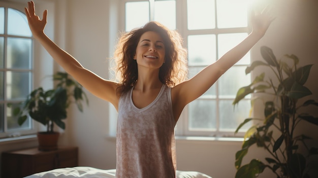 Mooie geconcentreerde vrouw die thuis yoga beoefent na slaapmat