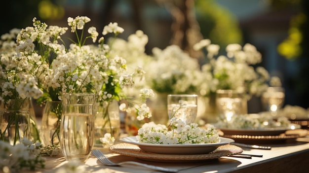 Mooie gedekte tafel voor een bruiloft buiten met witte bloemen