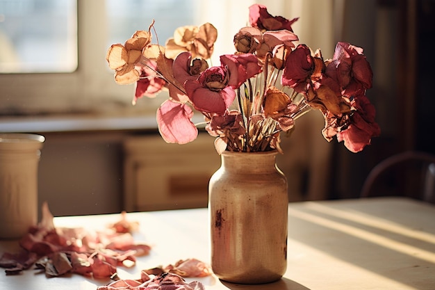 Foto mooie gedroogde bloemen op een houten tafel.