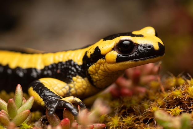 Foto mooie gele en zwarte vuursalamander op mos
