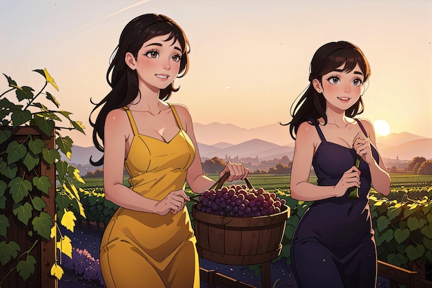 mooie gelukkige dame wijnstok druiven oogsten in de wijnstok goede verlichting zonsondergang