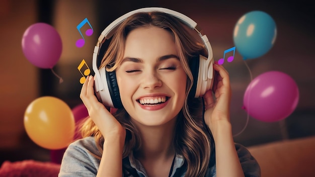 Mooie, gelukkige jonge vrouw met koptelefoon die naar muziek luistert.