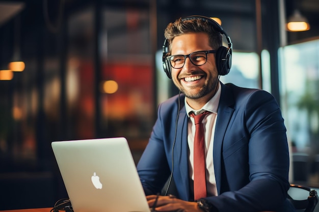 Mooie, gelukkige jonge vrouwelijke radiopresentator die met een computer en koptelefoon in de studio uitzendt