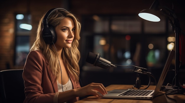 Mooie, gelukkige jonge vrouwelijke radiopresentator die met een computer en koptelefoon in de studio uitzendt