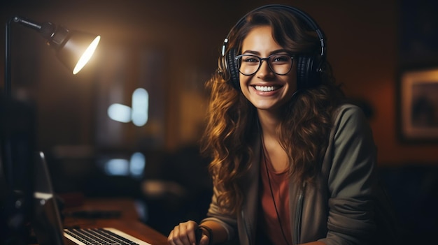 Mooie, gelukkige jonge vrouwelijke radiopresentator die met een computer en koptelefoon in de studio uitzendt