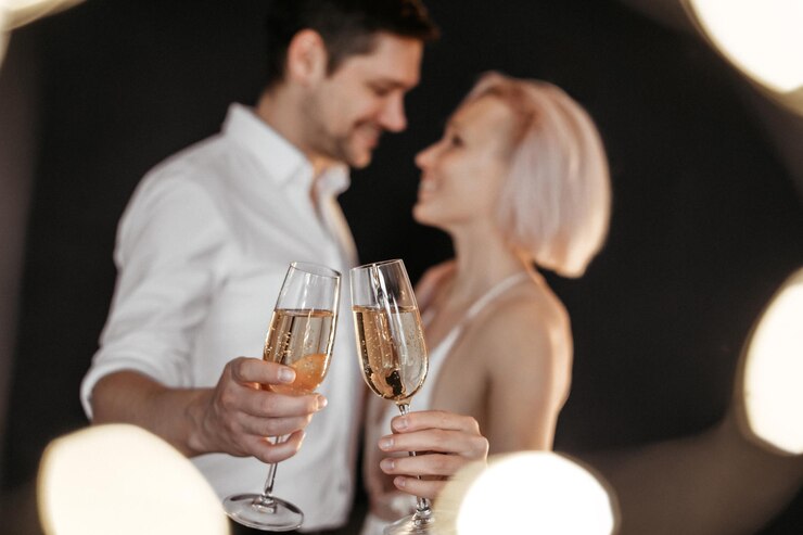 Mooie gelukkige paar jonge familie in avondjurken met glazen champagne