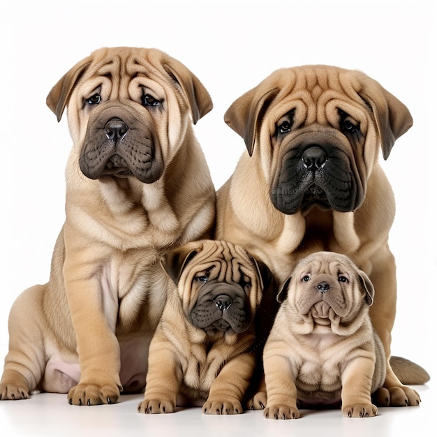 Mooie gerimpelde hondenras Shar Pei met puppies geïsoleerd op witte achtergrond close-up mooie huisdier