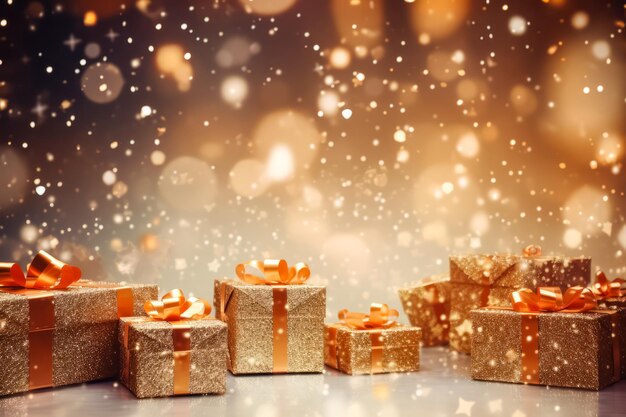 Mooie geschenkdozen tegen wazige feestelijke lichten en sneeuwvlokken Kerstviering