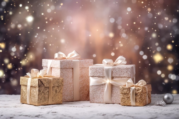 Mooie geschenkdozen tegen wazige feestelijke lichten en sneeuwvlokken Kerstviering