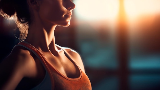 Mooie gespierde vrouw in fitness outfit op gym achtergrond Generatieve AI